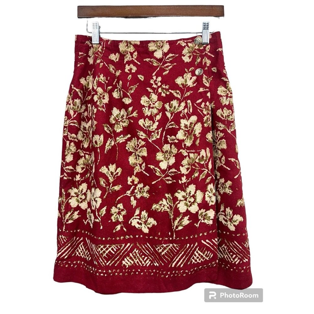 Vtg Wrap Skirt Sz 6 Red Floral Linen‎ Blend Knee Length Cottagecore Grunge